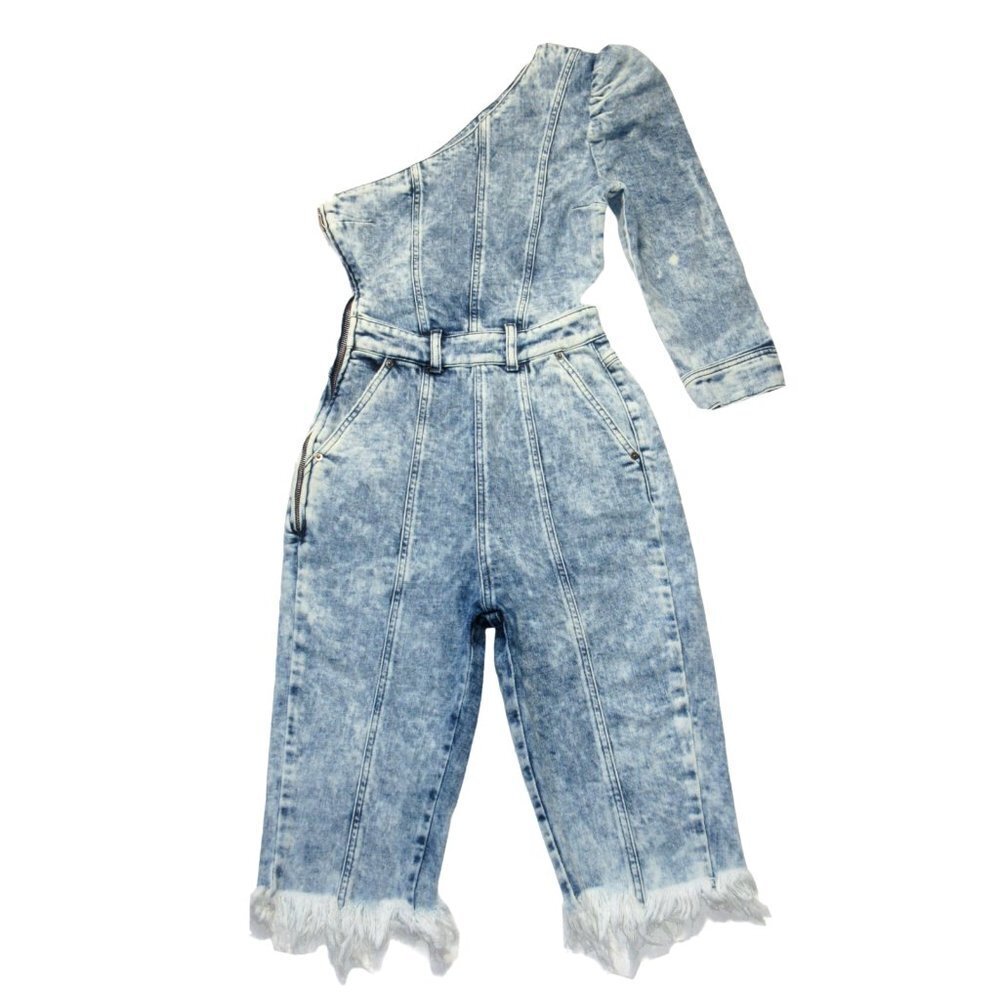 Nwt Retrofete Reyna Romper In Light Blue Acid Denim One-Shoulder Jumpsuit Xs